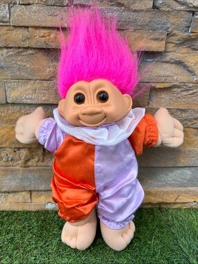 VINTAGE Russ Berrie clown Troll Kidz soft body doll approx 12” tall 1980s retro